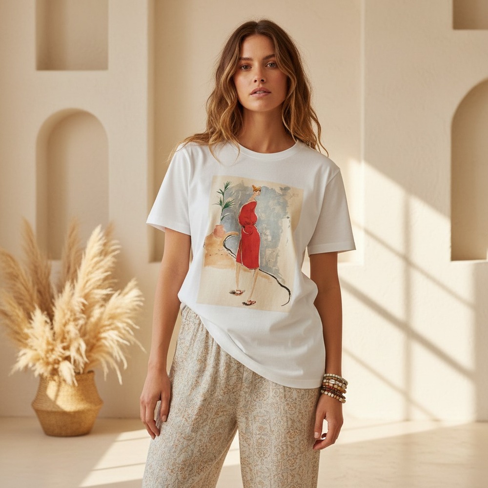 Zara White Graphic‎ Tee Top Artsy Casual Shirt Boho Indie Festival Edgy Grunge M